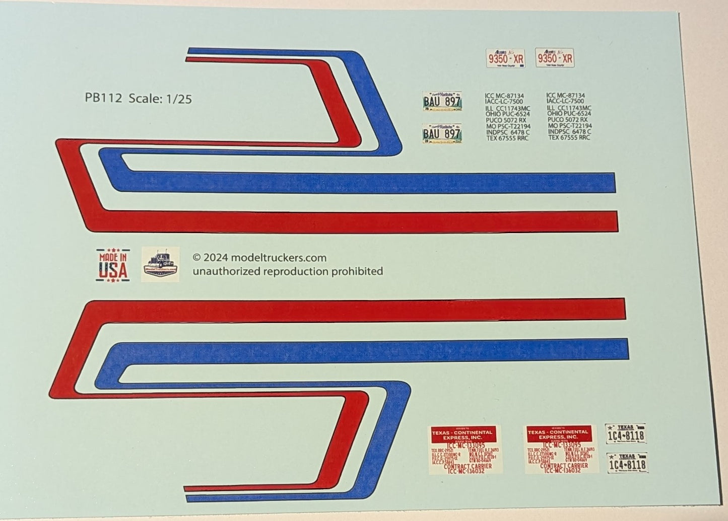 MISPRINT! PB112 Peterbilt Stripes Decals 1/25 Scale Red & Blue