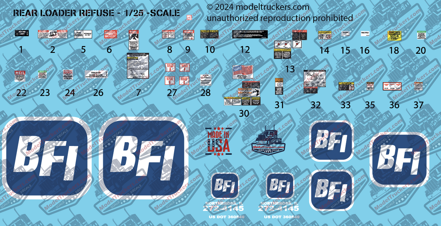 BFI Rear Load Garbage Truck Detail Model Decals
