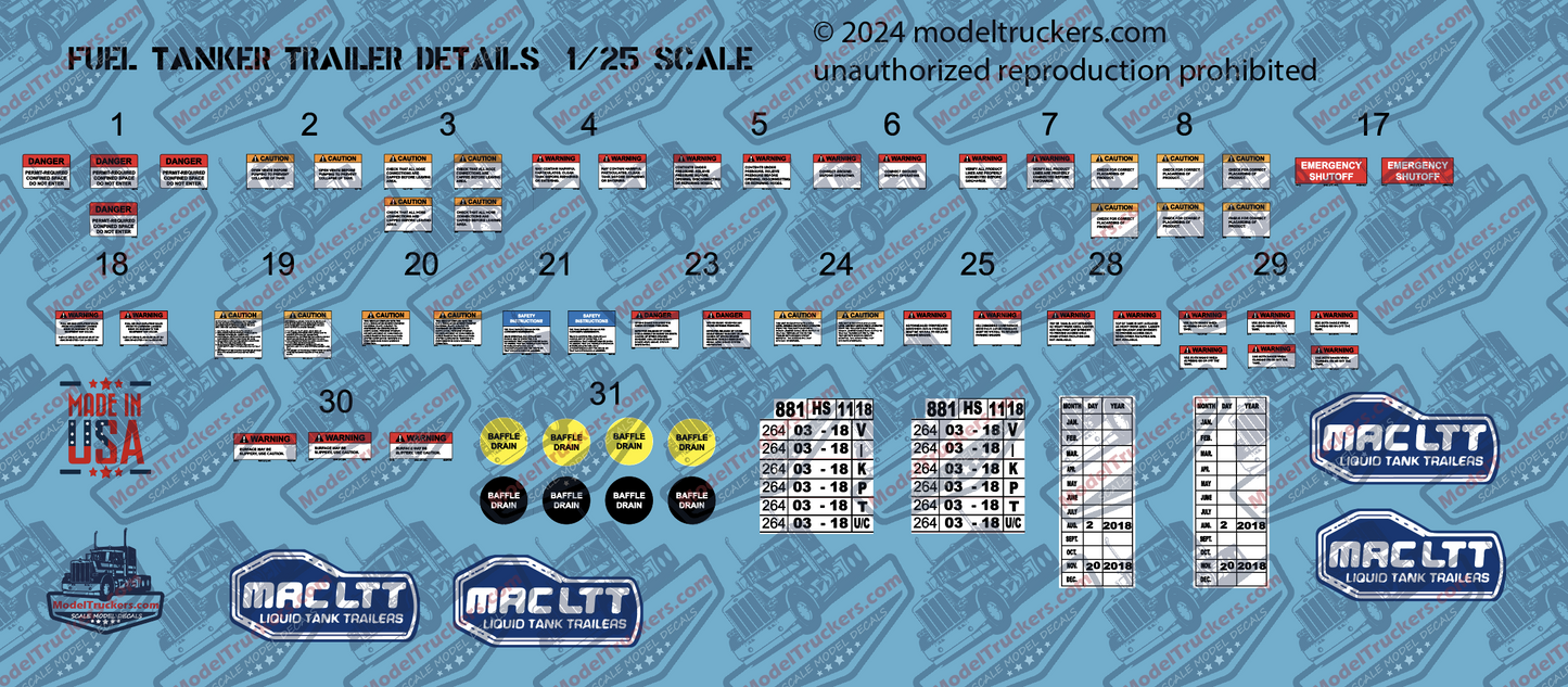 Semi Fuel Tanker Trailer Detail Model Decals